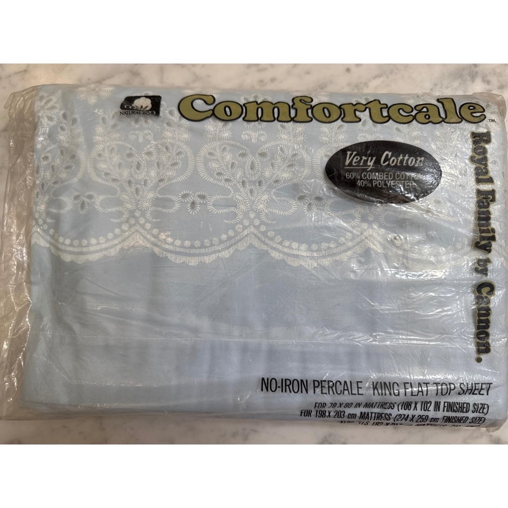 Vintage Cannon Royal Family Heritage Lace King Flat Sheet Blue No-Iron Percale